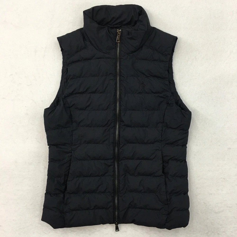 Polo Ralph Lauren Womens Black Down Puffer Vest Full Zip Logo Size Small‎